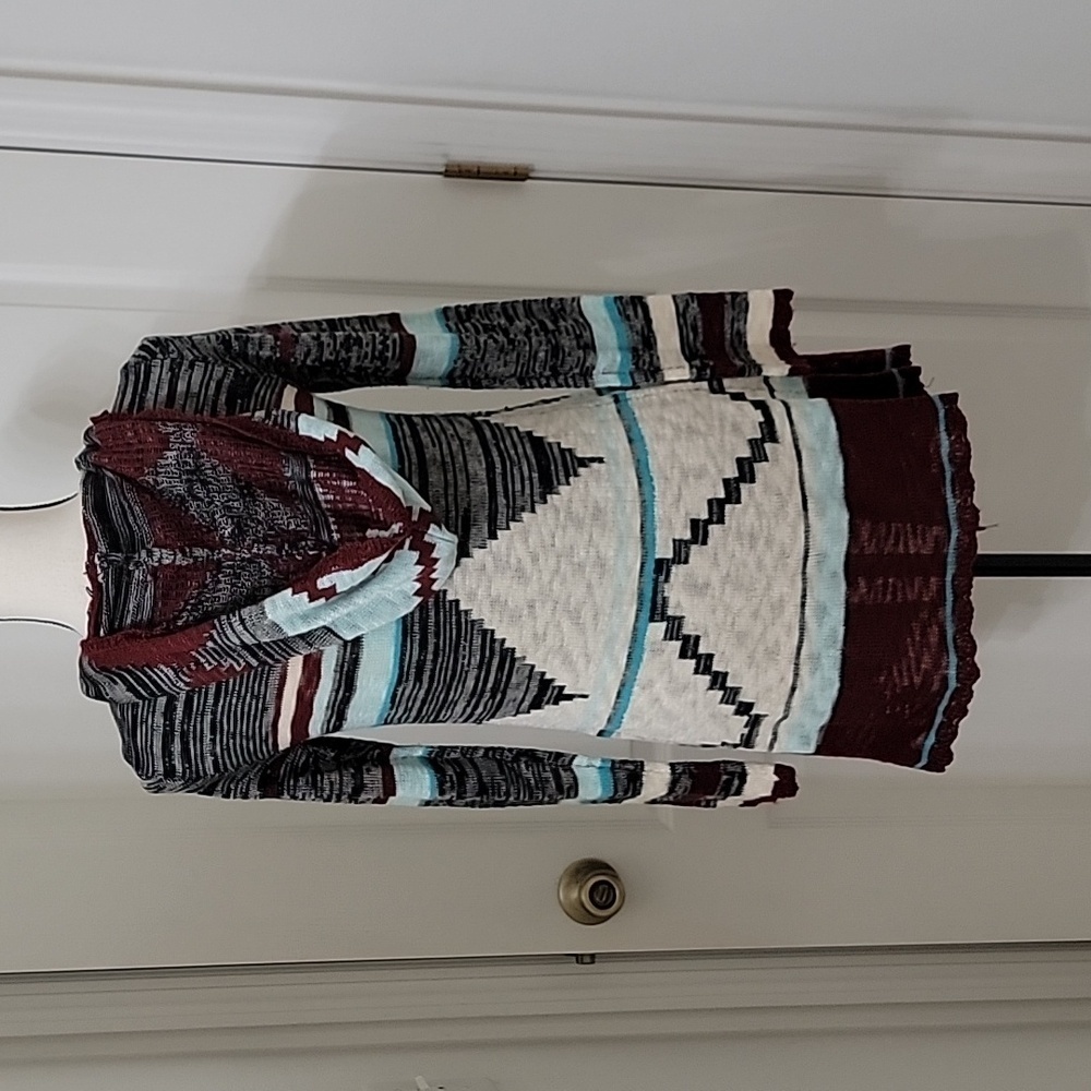 Alya (Francesca’s) Size S Teal, Black Burgundy, White Aztec Knit Hooded Cardigan - Picture 4 of 11